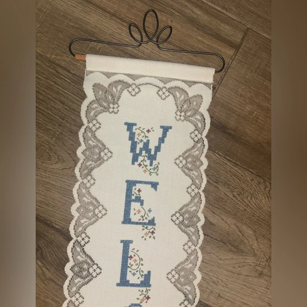 Vintage Welcome Wall Hanging with Blue Lettering